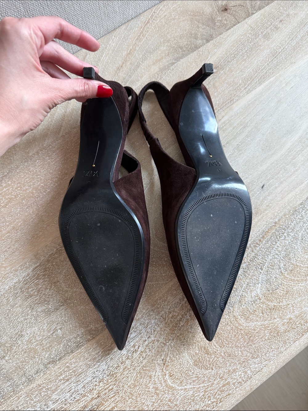 ZARA Dark Brown Suede Pointed Slingback Heels - Picture 2 of 4
